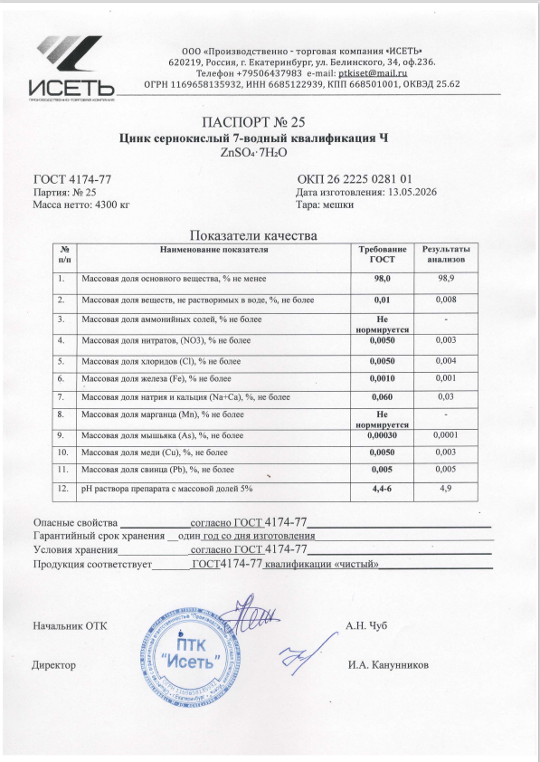 Паспорт качества — Химический анализ цинка сернокислого 7-водного